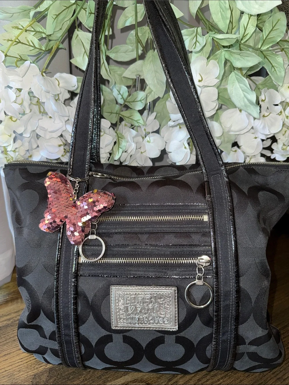 Coach POPPY Black Signature Tote with Pink Sequin Butterfly Charm